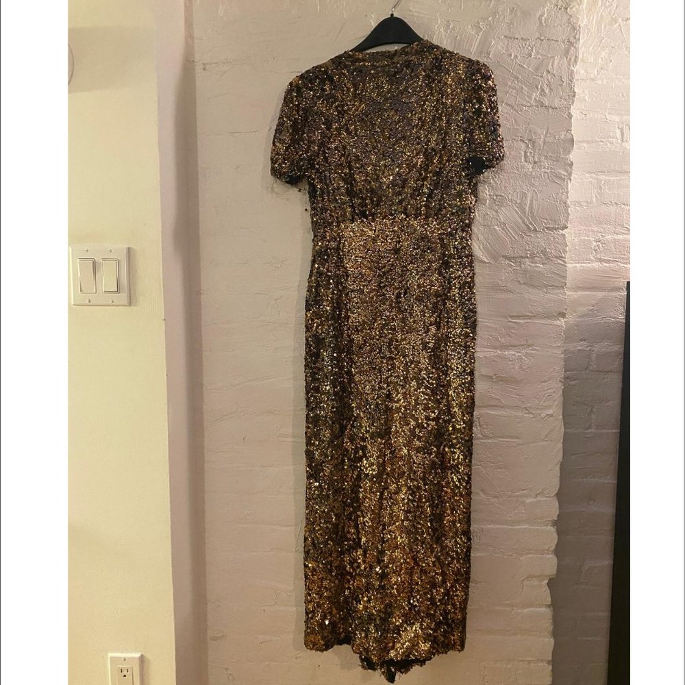 Couture antique gold sequined evening gown, V back